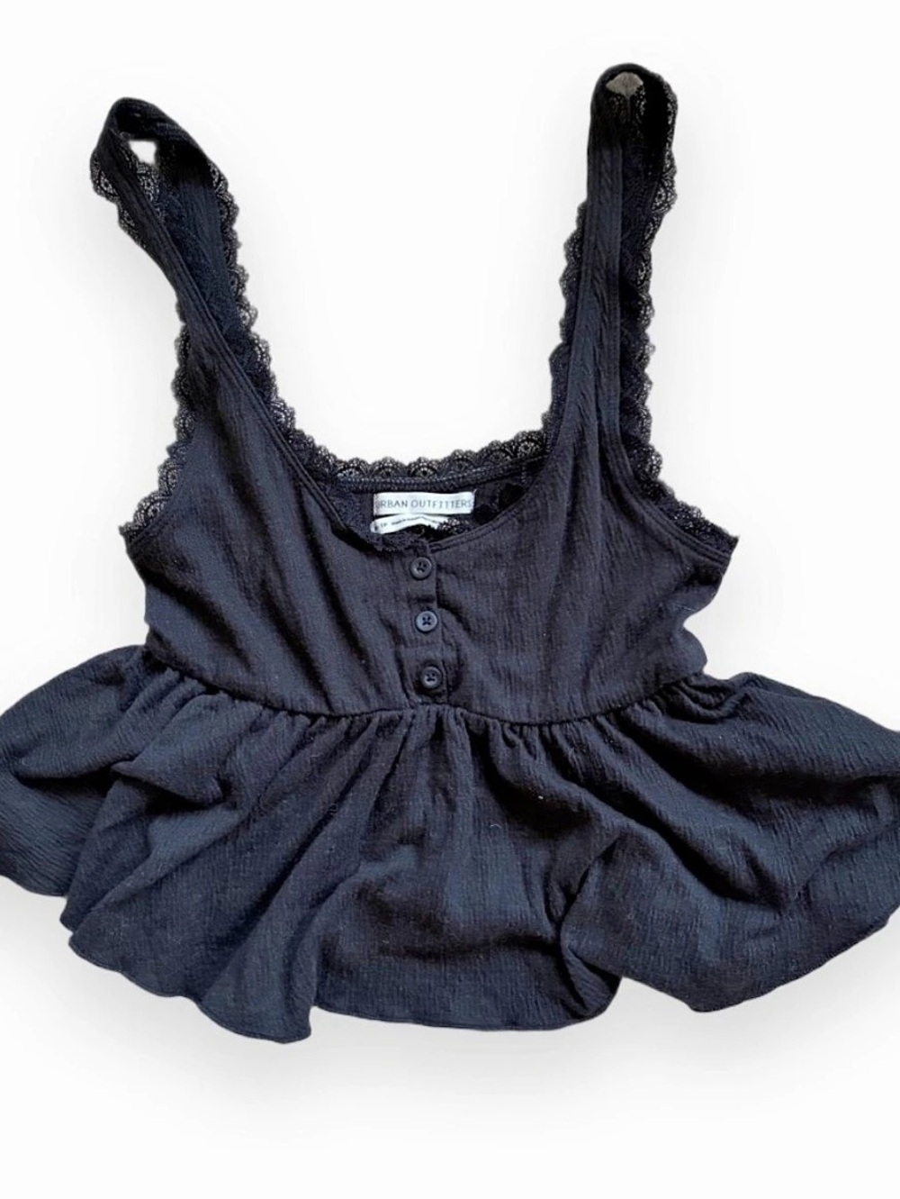 UO Urban Outfitters Black Lace Eyelet Trim Babydoll Button Front Tank Top | XS